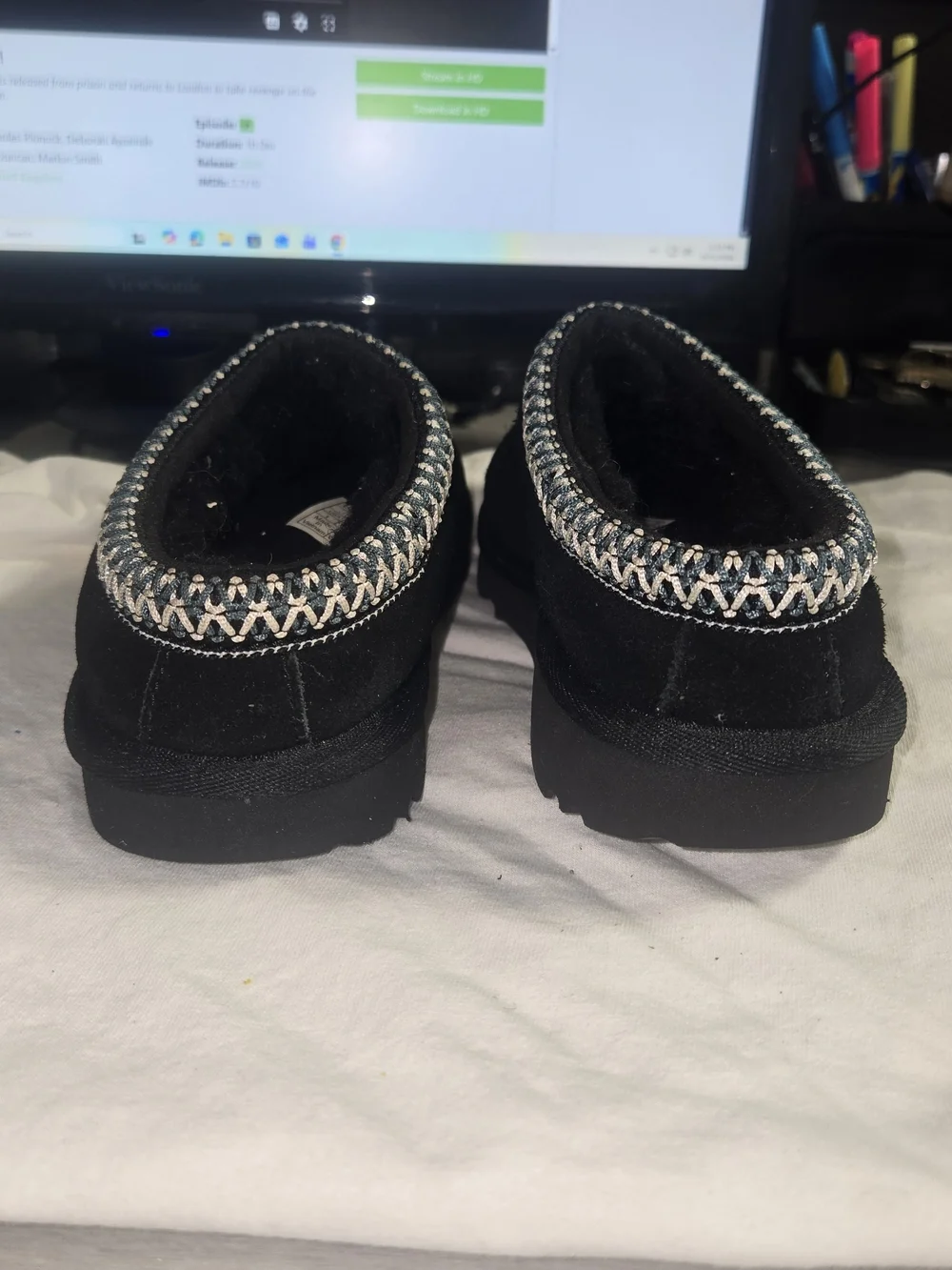 UGG Kids Black Suede Slip-On Slippers with Patterned Cuff